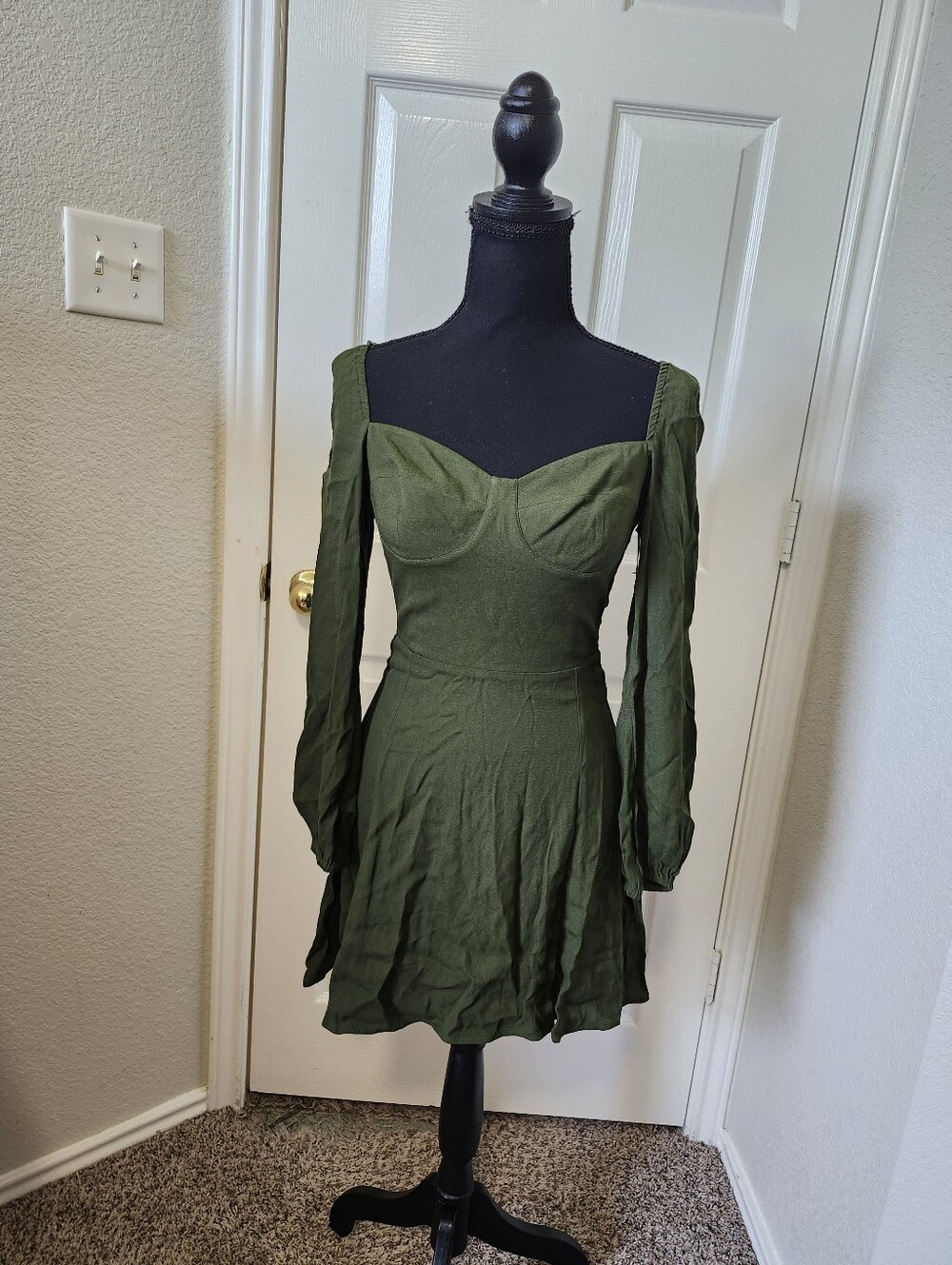 Reformation Olive Green Long Sleeve Sweetheart Mini Dress